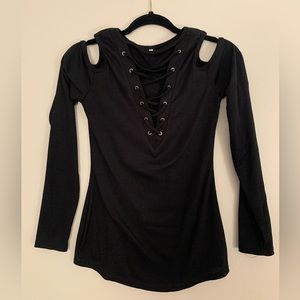 Black Criss Cross Lace Up Cold Shoulder Top